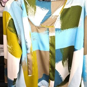 Zara Geometric Satin Blouse Large.  Bow At Neck Sky Blue Spring Green White